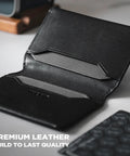 Open view of black Ultra Slim Minimalist Card Holder With RFID Blocking Leather Front Pocket Wallet Magnetic Closure Built For Everyday Carry Fits 4 To 8 Cards Slips Into Jeans Pocket Or Small Bag Lightweight And Secure