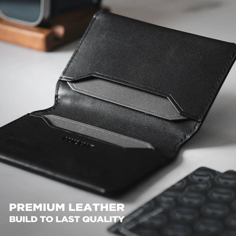 Open view of black Ultra Slim Minimalist Card Holder With RFID Blocking Leather Front Pocket Wallet Magnetic Closure Built For Everyday Carry Fits 4 To 8 Cards Slips Into Jeans Pocket Or Small Bag Lightweight And Secure