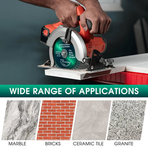 Side view of orange angle grinder with a 4.5-inch indestructible disc in use; shows marble, bricks, ceramic tile, granite.