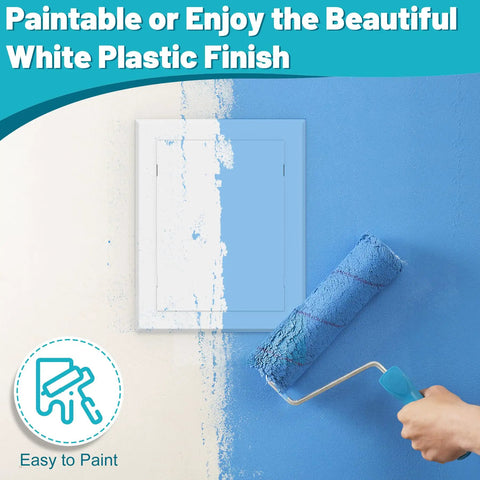 Quick Peel Stick Access Panel Four By Seven Inches Slick Heavy Duty Abs Drywall Cover for Plumbing Lines and Electrical Cables, paintable white finish.