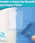 No Sweat Peel And Stick Wall Access Panel Solid White ABS Plastic Paintable Drywall Hole Cover on blue wall with paint roller.