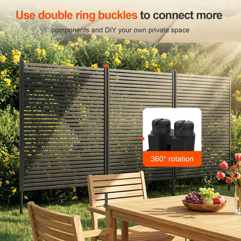 Outdoor Privacy Screen Panels Freestanding Metal Fence Wall With Base Feet for patio showing double ring buckles and 360° rotation.