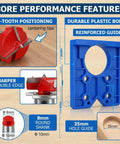 Heavy Duty 35mm Concealed Cabinet Door Hinge Drill Jig Kit With Forstner Guide Template details including 3-tooth cutter and blue guide.