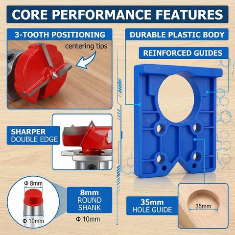 Heavy Duty 35mm Concealed Cabinet Door Hinge Drill Jig Kit With Forstner Guide Template details including 3-tooth cutter and blue guide.
