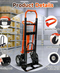 4 In 1 Convertible Hand Truck with ergonomic handle, 10-inch solid tires, alloy steel frame, and die-cast locking latch in warehouse.