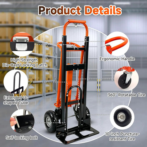 4 In 1 Convertible Hand Truck with ergonomic handle, 10-inch solid tires, alloy steel frame, and die-cast locking latch in warehouse.