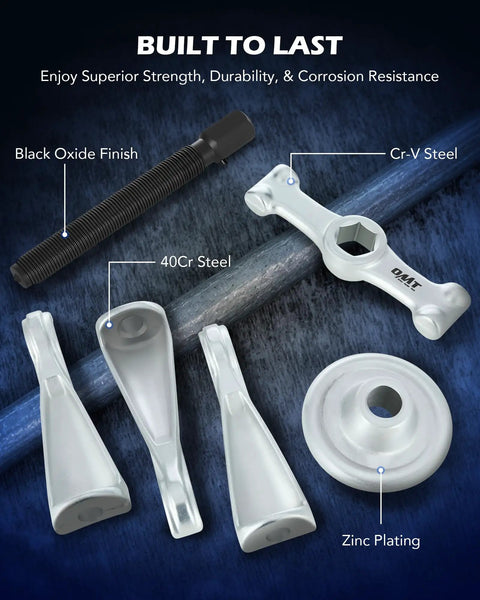 Universal Hub Puller Tool With Adjustable Legs For 7.6 Inch Bolt Circle, components labeled with material and finish details.