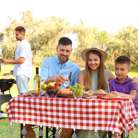 Picnic with teardrop marble tablecloth weights with metal clips securing a red checkered tablecloth, 24 pack, outdoor dining