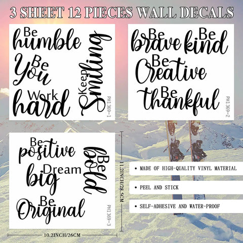 12 Piece Inspirational Wall Decals Set With Peel And Stick Vinyl Quotes Removable Motivational Sayings For Office Nursery Classroom Dorm Teens Black Matte Finish on a snowy landscape background