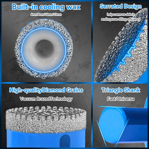 11-piece blue diamond hole saw drill bit set for tile; serrated, vacuum-brazed diamond grains