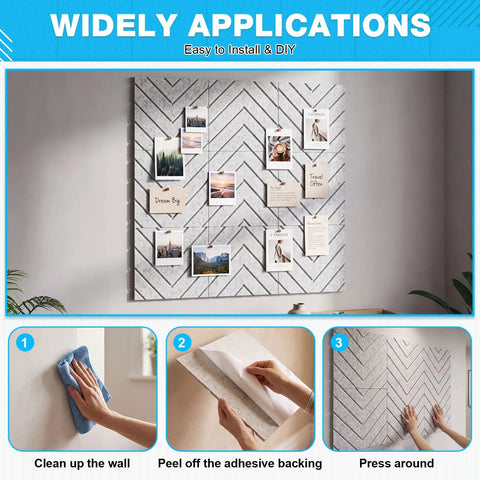 18 Pack Peel and Stick Acoustic Panels for Walls, Self Adhesive Sound Absorbing Foam Tiles to Cut Echo and Reverb, Noise Reducing Wall Covers for Home Studios, Gaming Rooms, and Bedrooms, Easy DIY Install, 12 Inch Squares applied to a wall with photos attached.
