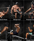 Adjustable Olympic Weight Bench Set With Cable Pulley System For Home Gym full body workout exercises displayed: bench press, preacher curl.