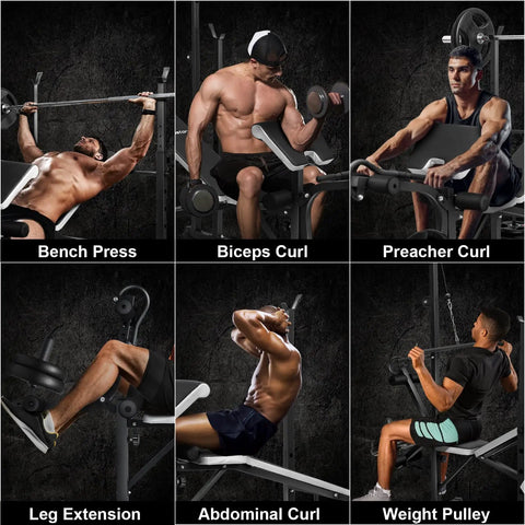 Adjustable Olympic Weight Bench Set With Cable Pulley System For Home Gym full body workout exercises displayed: bench press, preacher curl.