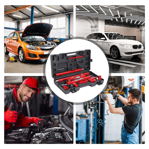 10 Ton Porta Power Hydraulic Kit With Ram Pump And 4.6 Ft Hose for Auto Body Frame Repair, tools in black case, mechanical work.