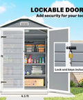 6 Ft By 4.5 Ft Outdoor Storage Shed Made From Waterproof Resin Plastic With Floor Window And Lockable Door So Your Gear Stays Dry All Weather Garden Tool Shed For Backyard Patio And Lawn Gray, open door view
