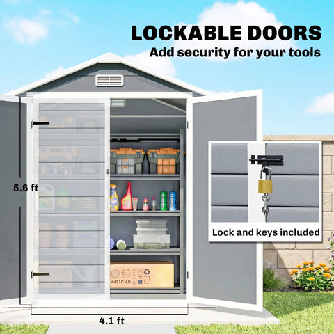 6 Ft By 4.5 Ft Outdoor Storage Shed Made From Waterproof Resin Plastic With Floor Window And Lockable Door So Your Gear Stays Dry All Weather Garden Tool Shed For Backyard Patio And Lawn Gray, open door view