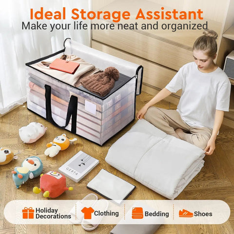 Woman organizing room with Heavy Duty Moving Totes 8 Pack 93L Extra Large Storage Bags with zipper and reinforced handles.