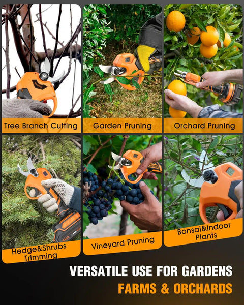 Beefy Electric Pruning Shears With 1.5 Inch Cutting Diameter in various garden and orchard pruning settings
