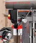 Close-up view of the Beast 13 Inch Benchtop Drill Press With 7.5 Amp 120V Motor, showing adjustable depth stop feature.