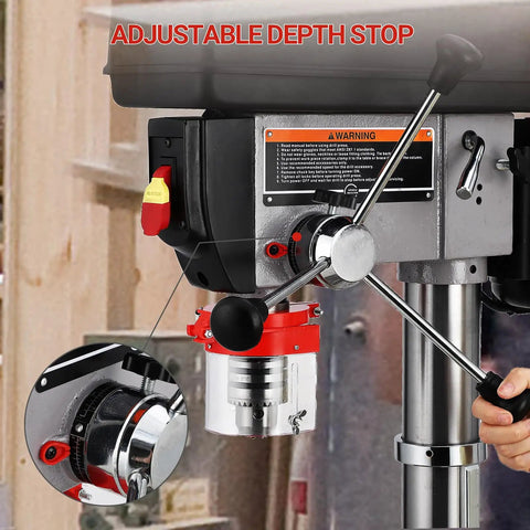 Close-up view of the Beast 13 Inch Benchtop Drill Press With 7.5 Amp 120V Motor, showing adjustable depth stop feature.