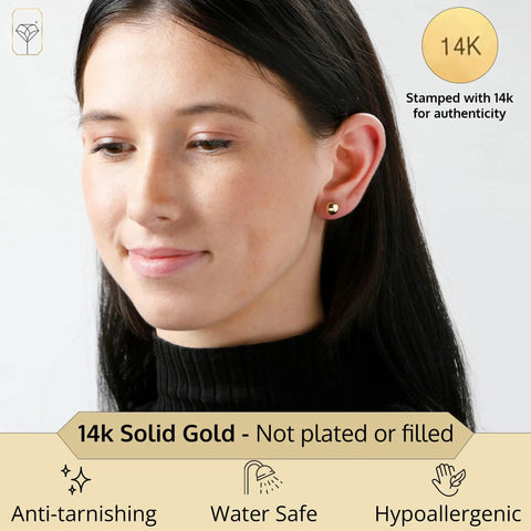 Yellow 7mm 14K Solid Gold Ball Stud Earrings For Women And Men With Post Back Unisex Everyday Wear Classic Simple Jewelry For Stacking Or Wearing Solo Style on ear