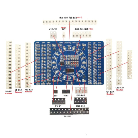DIY SMD SMT Welding Practice Soldering Skill Training Board With Water Lamp Circuit Demonstration And Backside Ruler For Easy Component Measurement Pro Grade Soldering Kit For Electronics Nerds And Hobbyists 3 To 12V featuring component layout