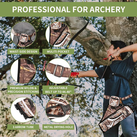 Hip Archery Quiver With Three Arrow Tubes, Durable Lightweight Nylon, Adjustable Waist Belt, Weather-Resistant Camo