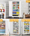 Heavy Duty Metal Garage Storage Cabinet On Wheels With Lockable File Cabinets, Two Doors And Five Adjustable Shelves, 74 Inch Tall Tool Cabinet For Home Office Or Warehouse, Easy Assembly, White in garage with tools