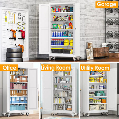 Heavy Duty Metal Garage Storage Cabinet On Wheels With Lockable File Cabinets, Two Doors And Five Adjustable Shelves, 74 Inch Tall Tool Cabinet For Home Office Or Warehouse, Easy Assembly, White in garage with tools