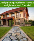 House with stone path created using 6 Pack Flagstone Paver Molds For Concrete, Reusable ABS 2mm Cement Casting Forms To Build Garden Pathways.
