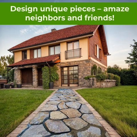 House with stone path created using 6 Pack Flagstone Paver Molds For Concrete, Reusable ABS 2mm Cement Casting Forms To Build Garden Pathways.