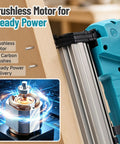 21V Brushless Cordless Electric Nail Gun Brad Nailer Tool For Baseboards And Cabinet Molding Zero Fuss Battery Powered showing brushless motor for steady power.