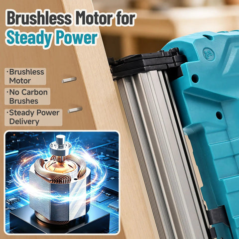 21V Brushless Cordless Electric Nail Gun Brad Nailer Tool For Baseboards And Cabinet Molding Zero Fuss Battery Powered showing brushless motor for steady power.