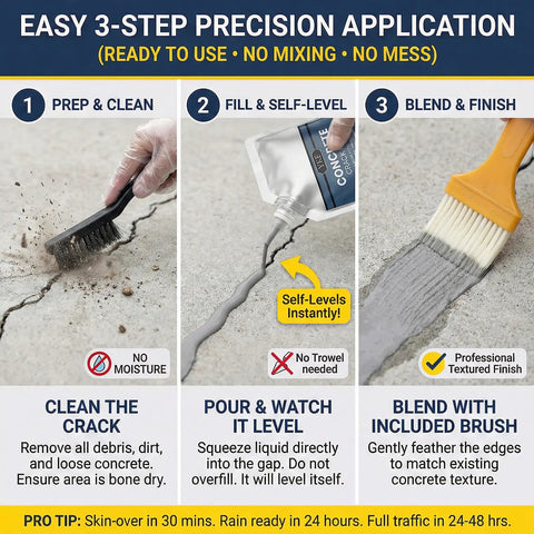 Step-by-step application guide for Dead Set Self Leveling Concrete Crack Filler 4 Pack Liquid Cement Sealant for driveways.
