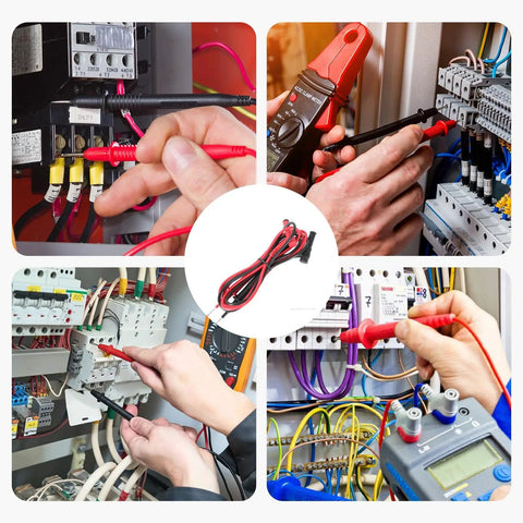 Collage of Universal Digital Multimeter Test Leads CAT III 1000V 20A Replacement Probes For High Voltage Checks in use
