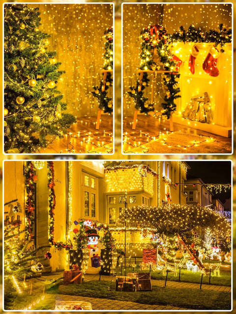 Lit 75.8 Ft 200 LED Christmas String Lights illuminating indoor and outdoor scenes for Xmas tree, garden, and party decoration.