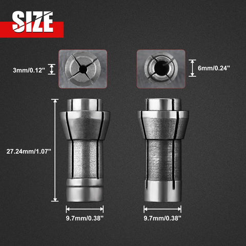 Die Grinder Collet Kit Four Piece Set For 1/8 And 1/4 Inch Bits includes 3mm and 6mm collets with size dimensions