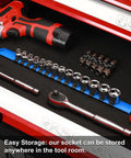 Three Eighths Inch Drive Stubby Socket Set, 14 Piece Six Point Metric Sockets With Mirror Chrome Finish, neatly stored in toolbox