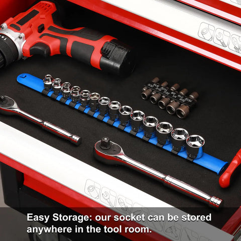 Three Eighths Inch Drive Stubby Socket Set, 14 Piece Six Point Metric Sockets With Mirror Chrome Finish, neatly stored in toolbox