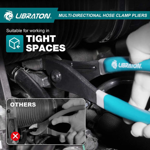 Pro Grade Multi Direction Hose Clamp Pliers With Two Direction Cross Groove Jaws For Automotive Repair in use on hose clamps