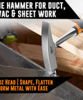 Pro Grade 18oz Sheet Metal Hammer for Tinners and HVAC Pros with forged steel head and ergonomic handle shaping metal.