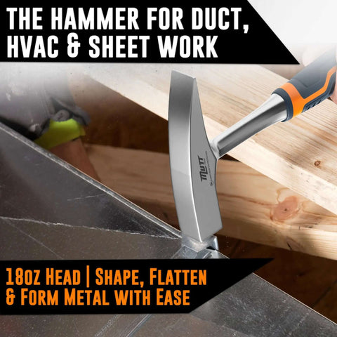 Pro Grade 18oz Sheet Metal Hammer for Tinners and HVAC Pros with forged steel head and ergonomic handle shaping metal.