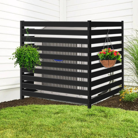 Black outdoor AC unit fence screen set, 3 panels, 42 inch tall by 38 inch wide privacy fence concealing equipment in garden corner.