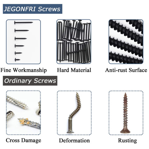 Comparison of JEJONFRI screws with ordinary ones, highlighting workmanship, material, and anti-rust surface benefits.