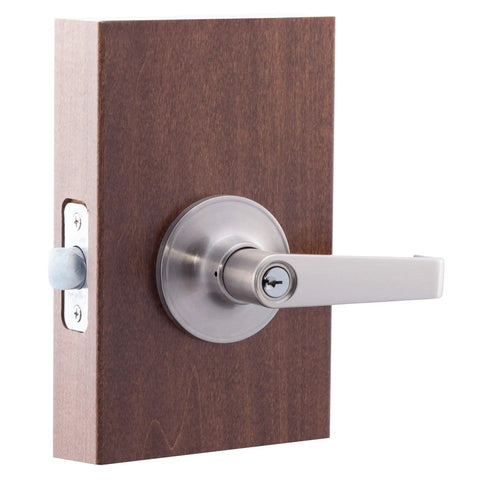 Keyed Entry Lever With Exterior Key And Interior Turn Button In Satin Nickel For Front Door And Home Office on wooden block display