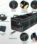 Trunk Organizer With Cooler For Cars, Collapsible Trunk Storage Container With Non Slip Bottom Strips showing compartments and features