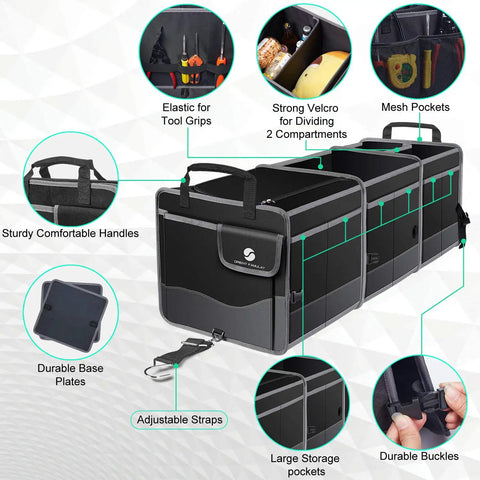 Trunk Organizer With Cooler For Cars, Collapsible Trunk Storage Container With Non Slip Bottom Strips showing compartments and features