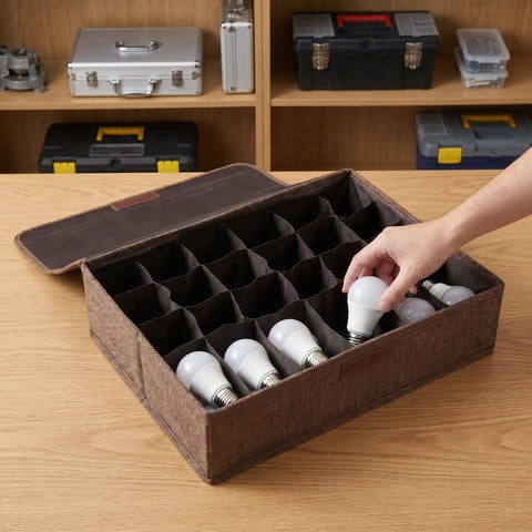 Foldable Dustproof Bulb Storage Box With Dividers For Christmas Lights And Ornaments Sturdy PP Base Space Saving All In One Organizer For Craft Supplies And Office Storage, brown 30-cell bulb organizer with lid
