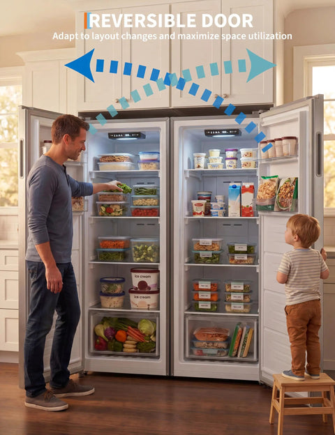 11 Cubic Foot Convertible Upright Fridge And Freezer Freestanding Setup showing reversible doors and spacious storage for groceries.