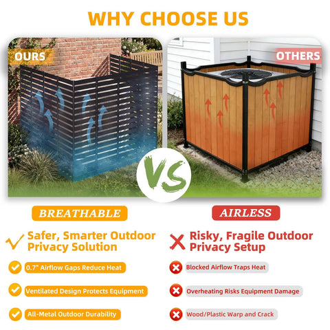 Comparison of metal privacy screen outdoor freestanding panels with stakes against wood option with less airflow